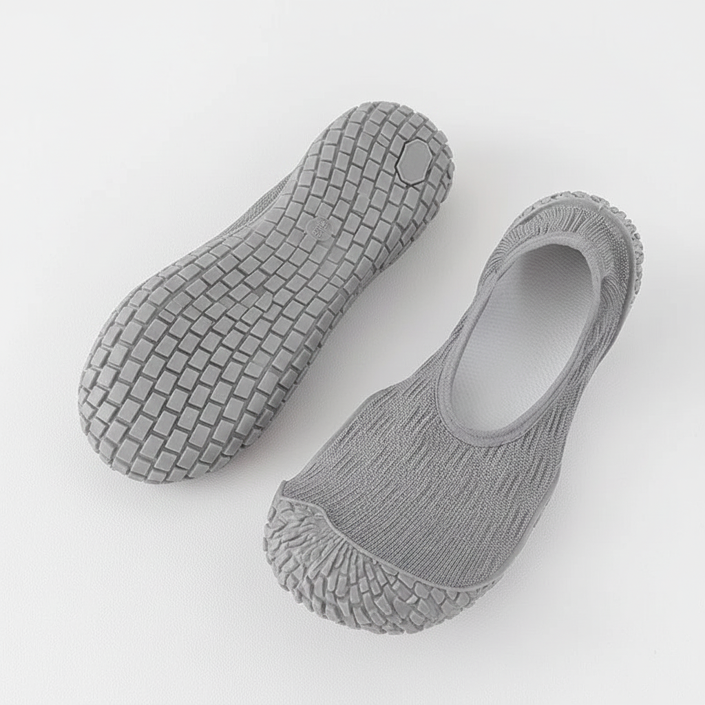 Chaussons pour yoga gris semelle antidérapante et tige tricot respirant fond zen