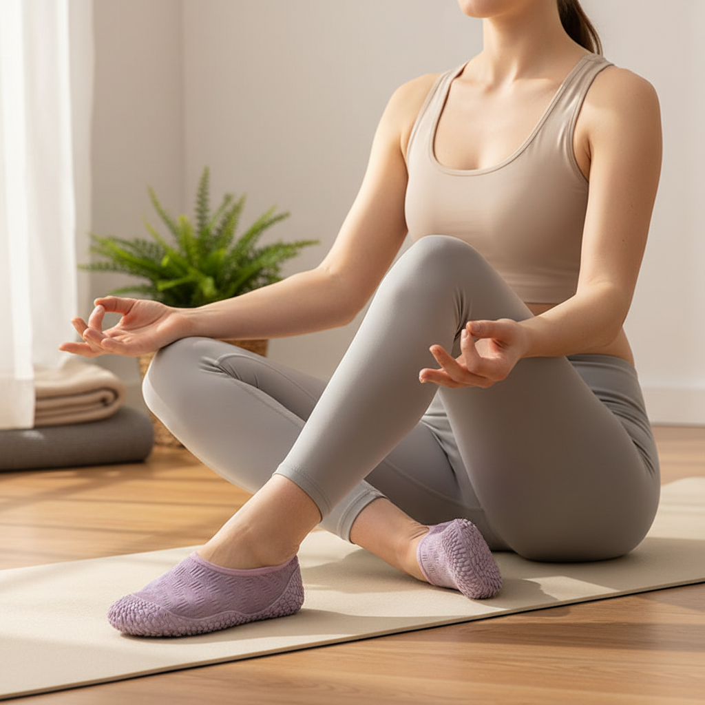 Femme assise portant des chaussons yoga lavande sur tapis de yoga