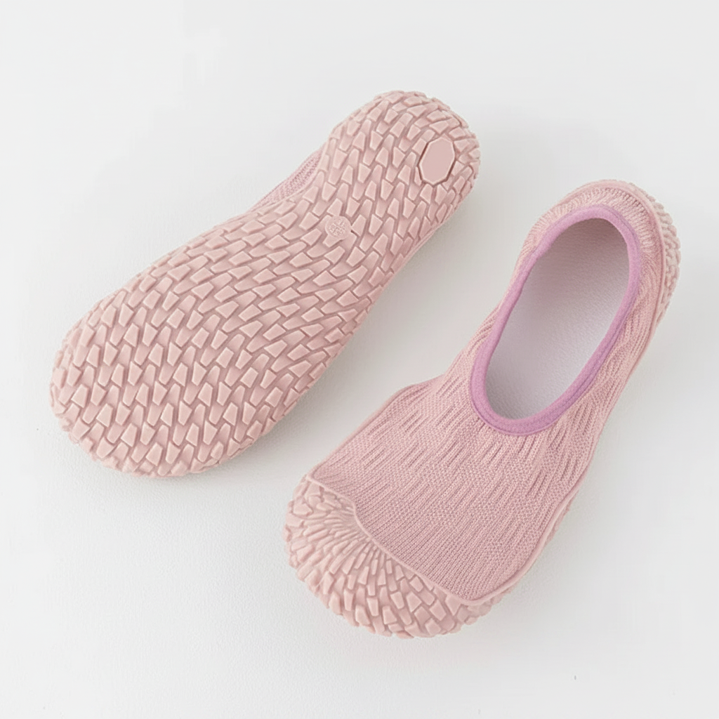 Chaussons yoga rose pâle semelle antidérapante et tige tricot 