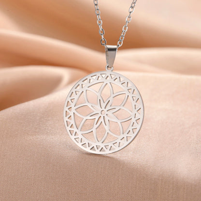 Collier acier inoxydable argenté pendentif fleur de vie géométrie sacrée