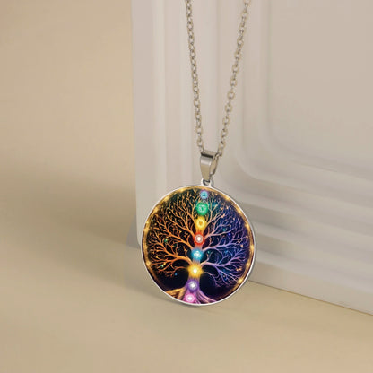 collier arbre de vie 7 chakras acier inoxydable argenté