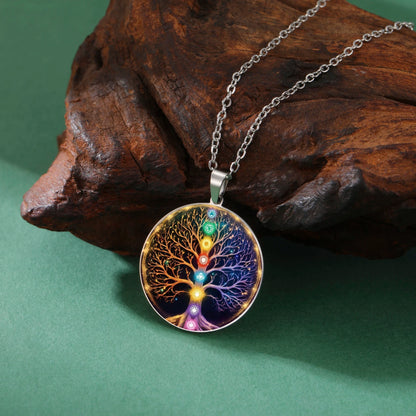 collier arbre de vie 7 chakras acier inoxydable argenté