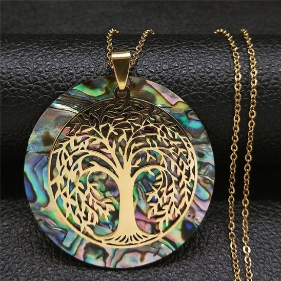 Collier arbre de vie acier inoxydable pendentif coquille d'ormeau