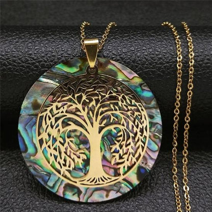 Collier arbre de vie acier inoxydable pendentif coquille d'ormeau