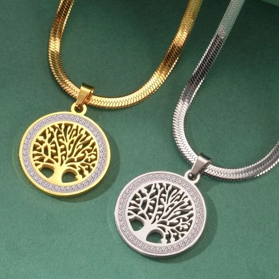 collier arbre de vie acier inoxydable chaine ras de cou élégant or argent