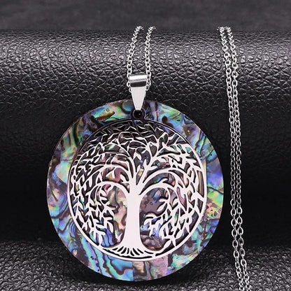 Collier arbre de vie chaine acier inoxydable doré pendentif coquille d'ormeau