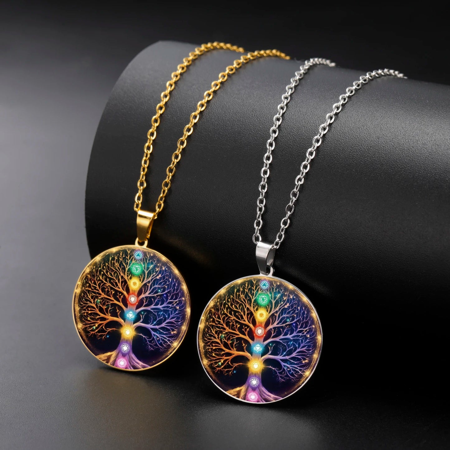 collier arbre de vie 7 chakras acier inoxydable doré argenté