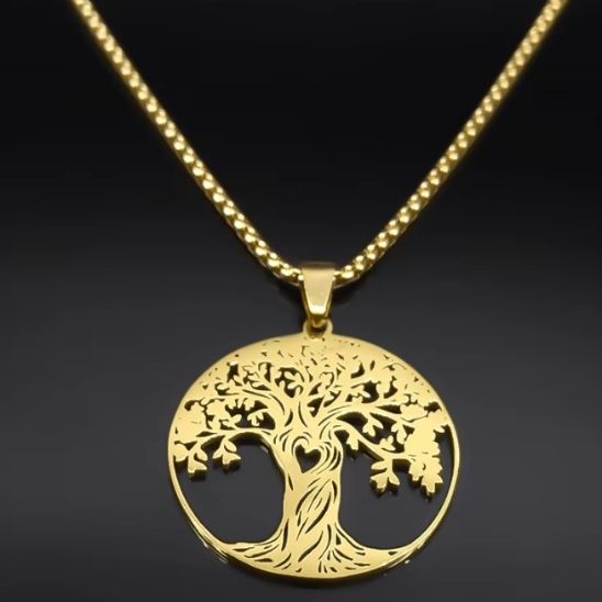 collier arbre de vie coeur acier inoxydable doré