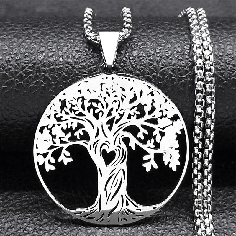 collier arbre de vie acier inoxydable argent pendentif rond chaine