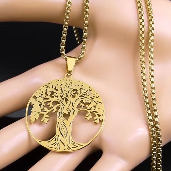 collier arbre de vie coeur or acier inoxydable