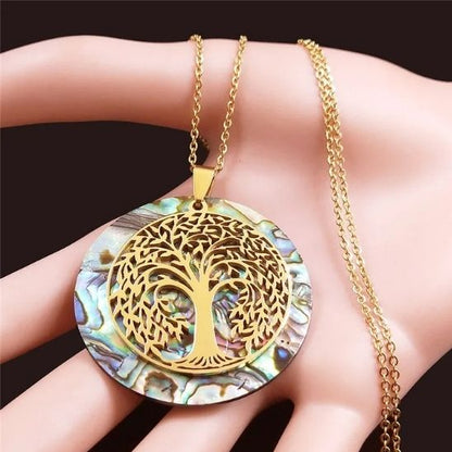Collier arbre de vie acier inoxydable pendentif coquille d'ormeau