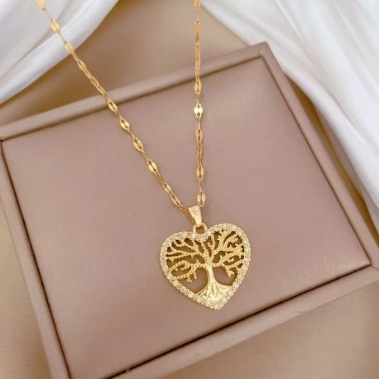 collier arbre de vie coeur zircons chaine acier inoxydable