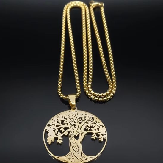 collier arbre de vie acier inoxydable or coeur 