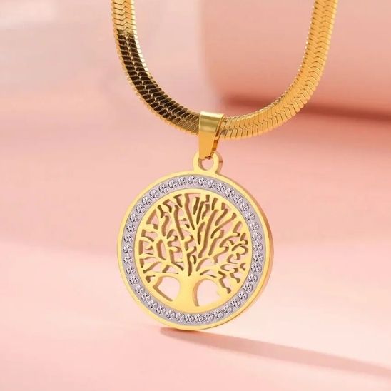 collier arbre de vie pendentif or zircons chaine ras de cou dorée élégante