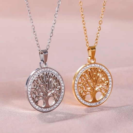 collier arbre de vie pendentif rond zircons et chaine or argent acier inoxydable 