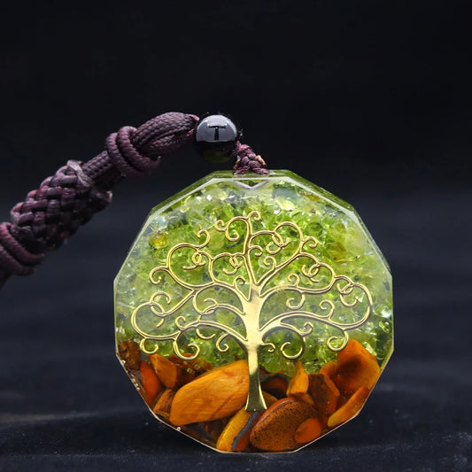 Collier arbre de vie orgonite olivine pierre naturelle cordon ajustable