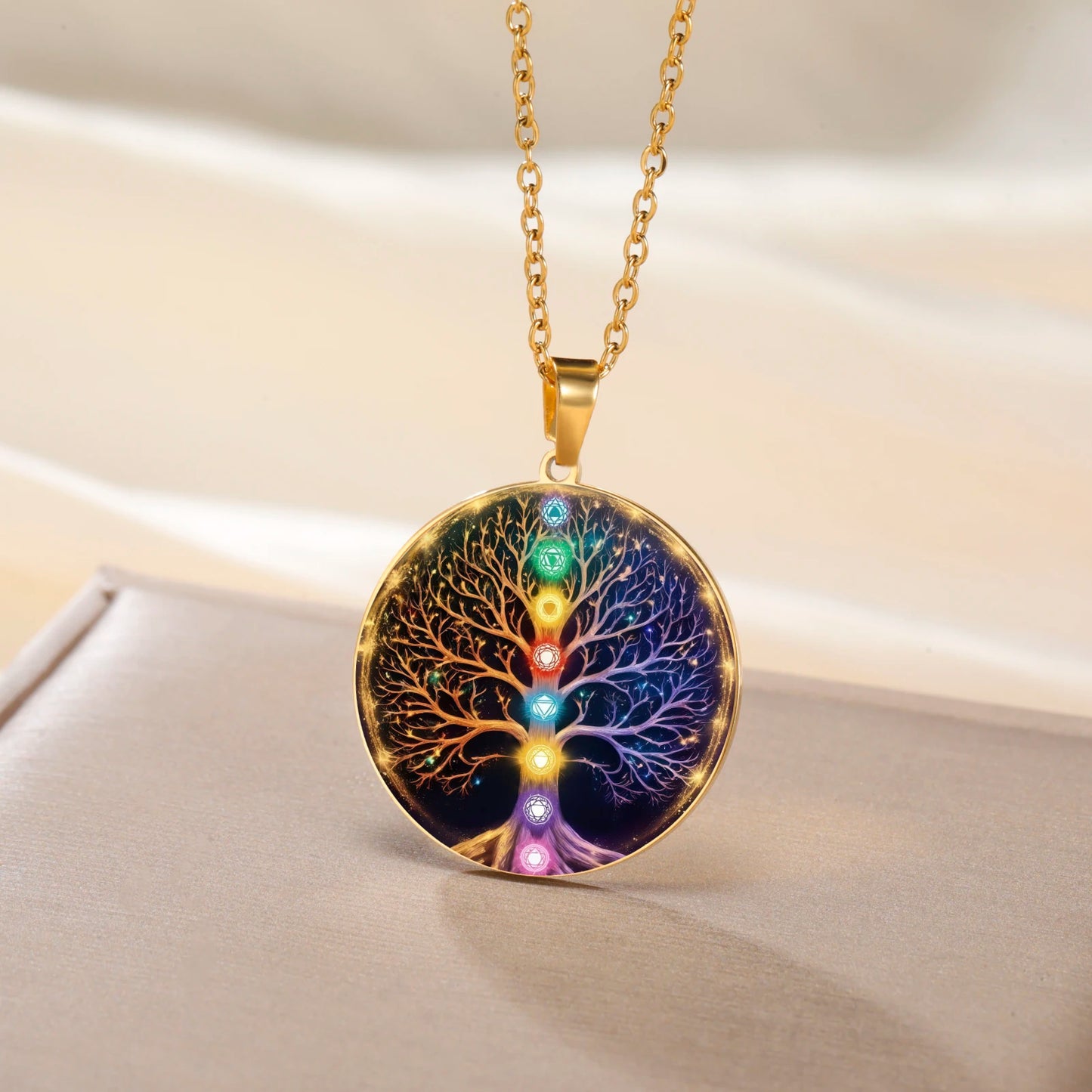 collier arbre de vie 7 chakras acier inoxydable doré