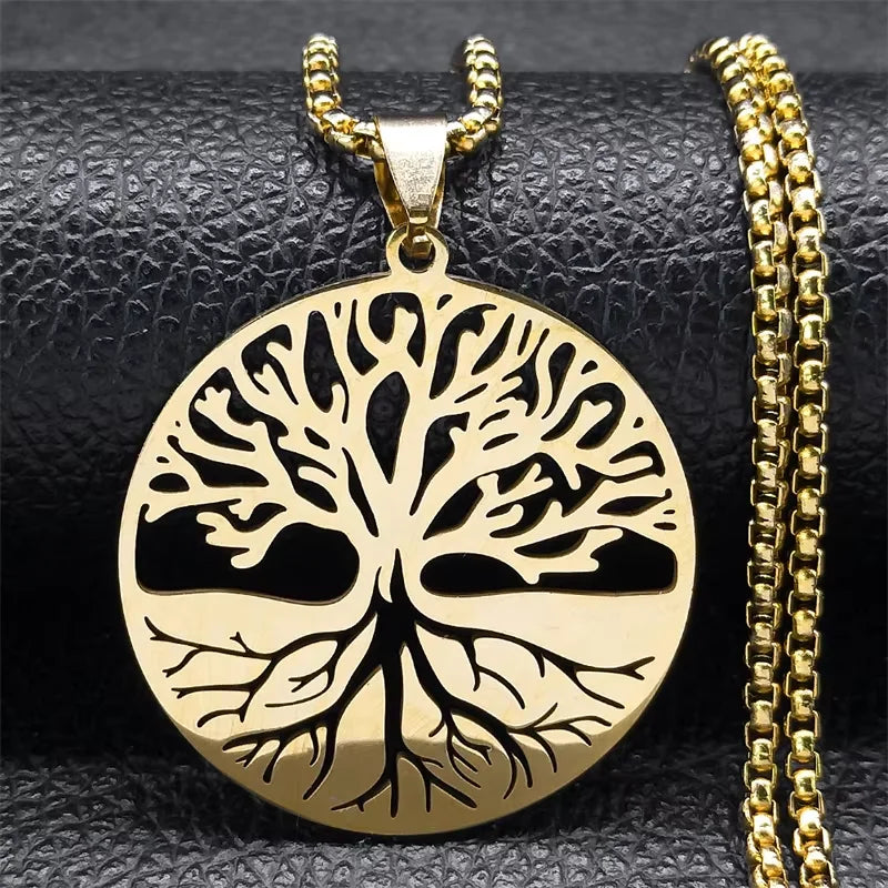 collier arbre de vie racines pendentif rond chaine doré