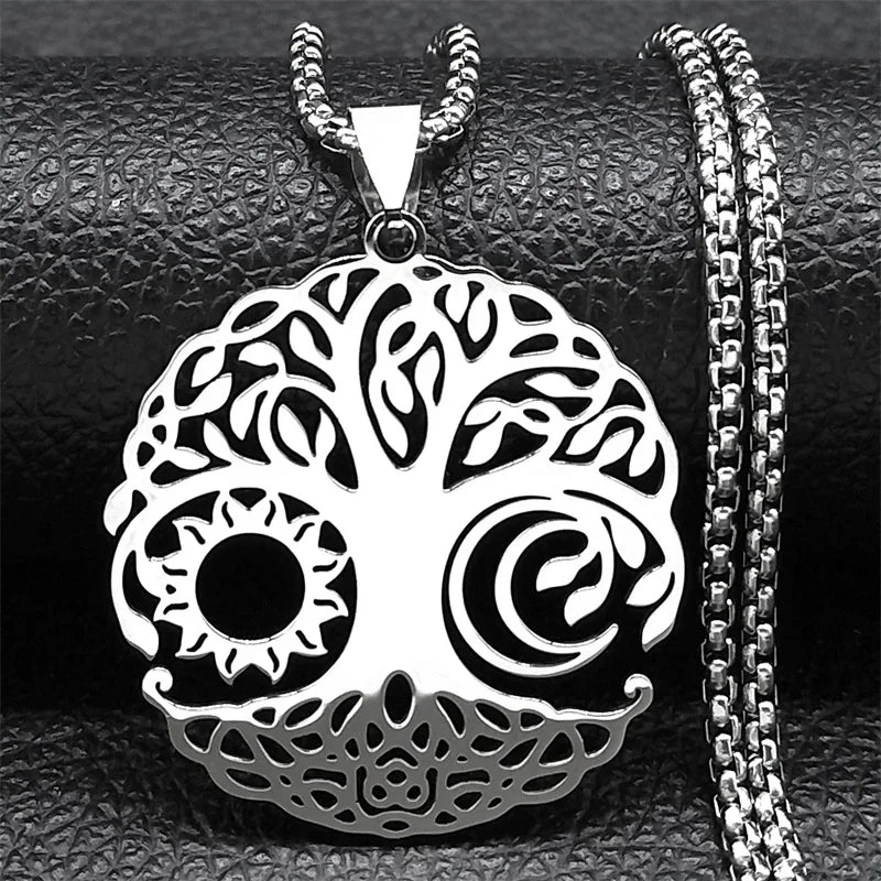 collier arbre de vie soleil lune acier inoxydable argenté