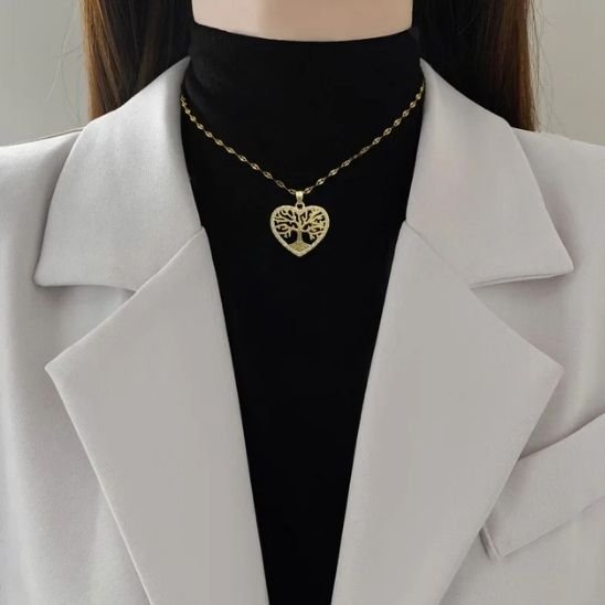 collier arbre de vie coeur zircons chaine acier inoxydable