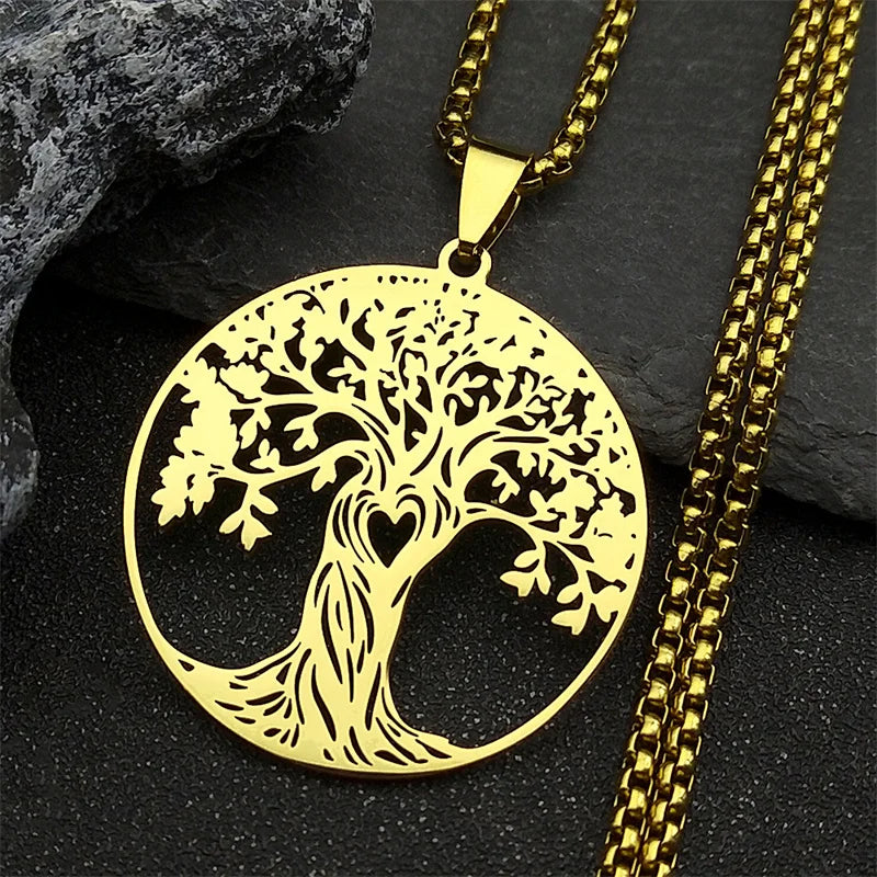 collier arbre de vie acier inoxydable doré pendentif rond chaine