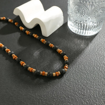 Collier de perles de bois naturel et pierre de lave homme