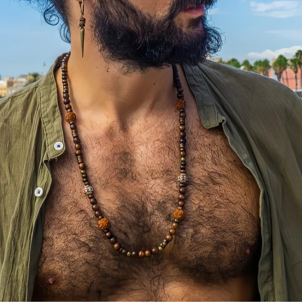 collier de perles bois de noix de coco bohême ethnique