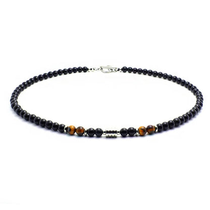 collier de perles oeil de tigre obsidienne fermoir acier inoxydable