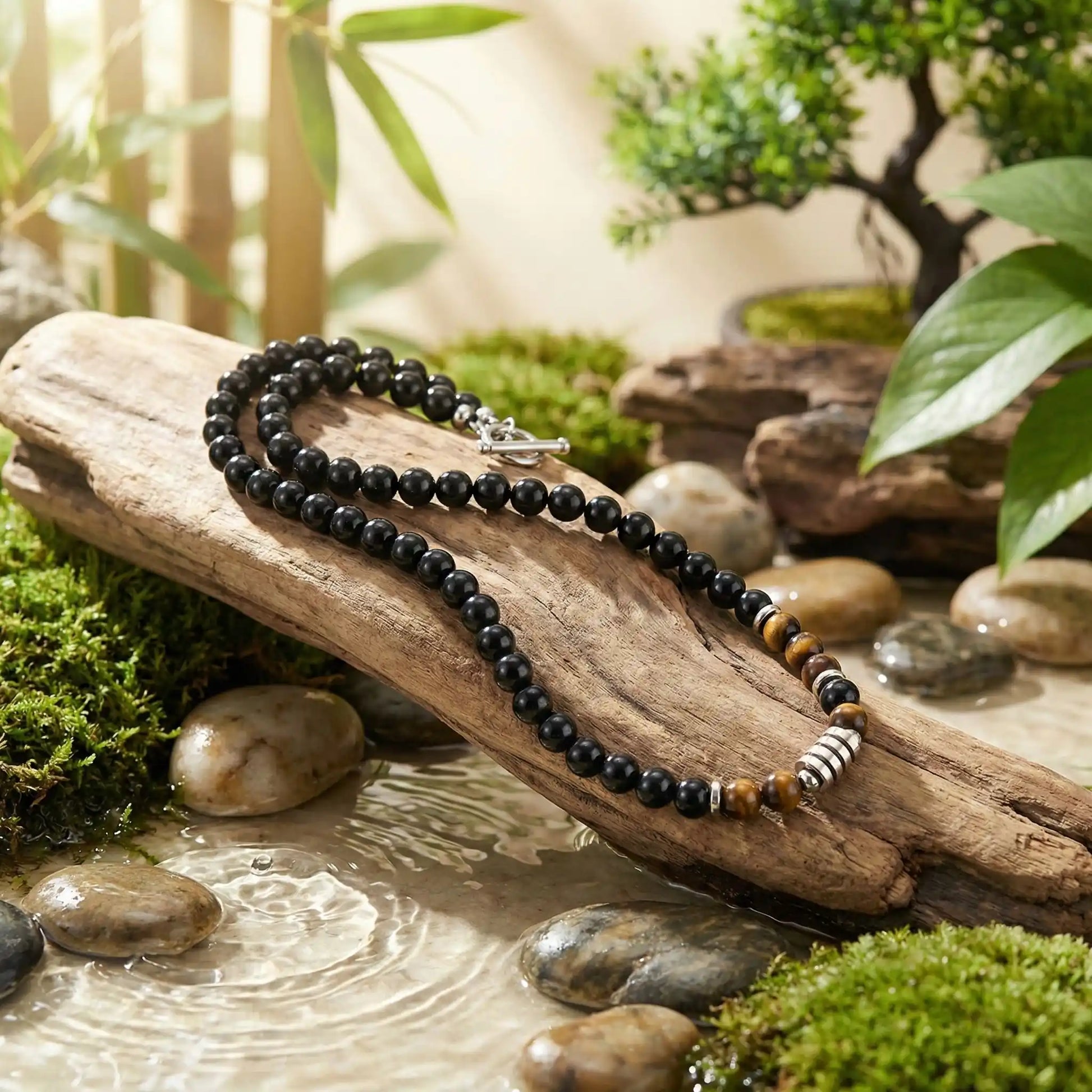collier de perles oeil de tigre obsidienne espace naturel zen