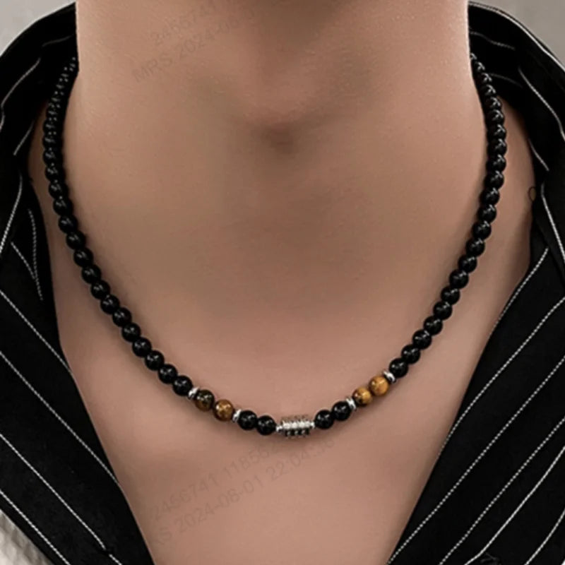 collier de perles oeil de tigre obsidienne fermoir acier inoxydable