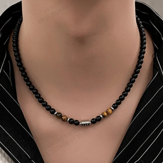 collier de perles oeil de tigre obsidienne fermoir acier inoxydable