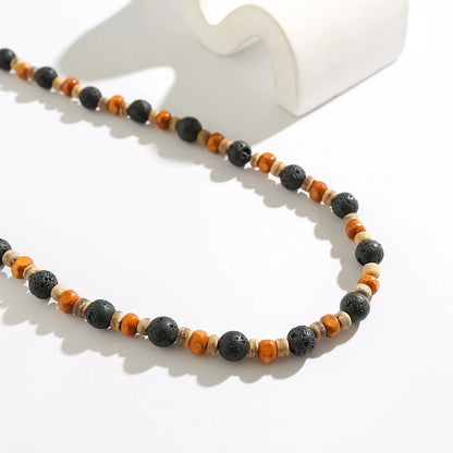 Collier de perles de bois naturel et pierre de lave homme