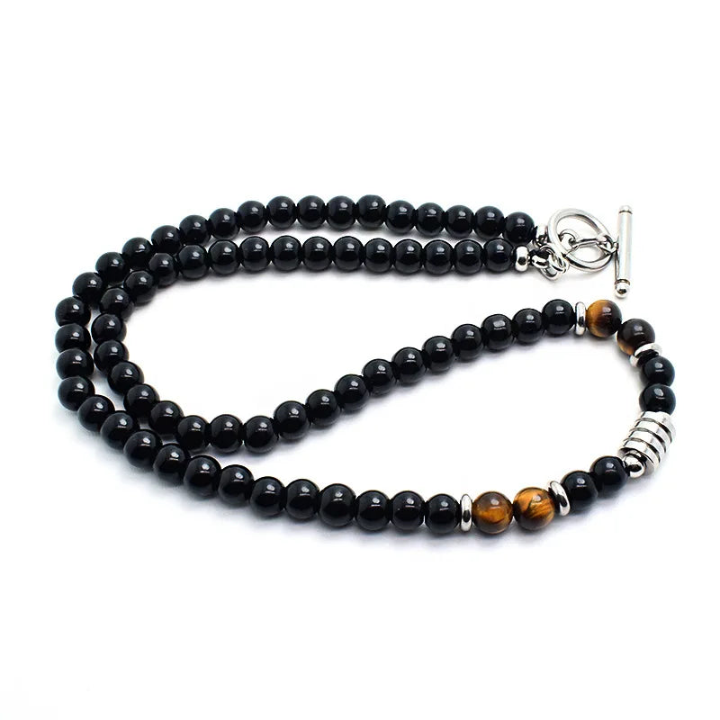 collier de perles oeil de tigre obsidienne fermoir acier inoxydable