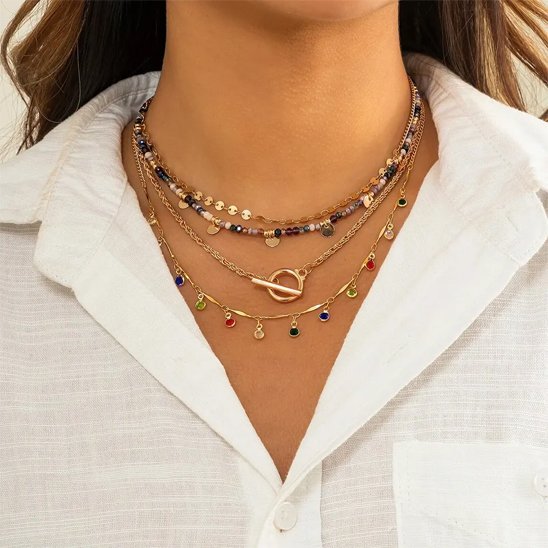 collier femme 4 pièces superposés multi rangs doré multicolores fantaisie classe chic élégant