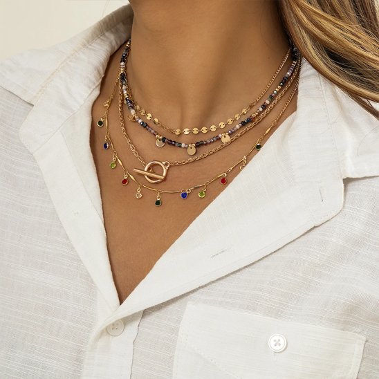 collier femme 4 pièces superposés multi rangs doré multicolores fantaisie
