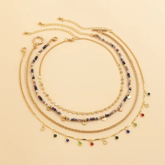 collier femme 4 pièces superposés multi rangs doré multicolores fantaisie classe chic élégant