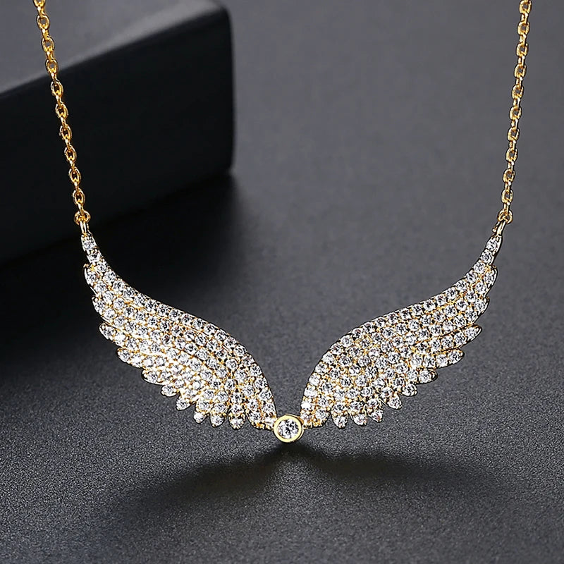collier femme ailes d'ange cuivre argenté zircons cubiques