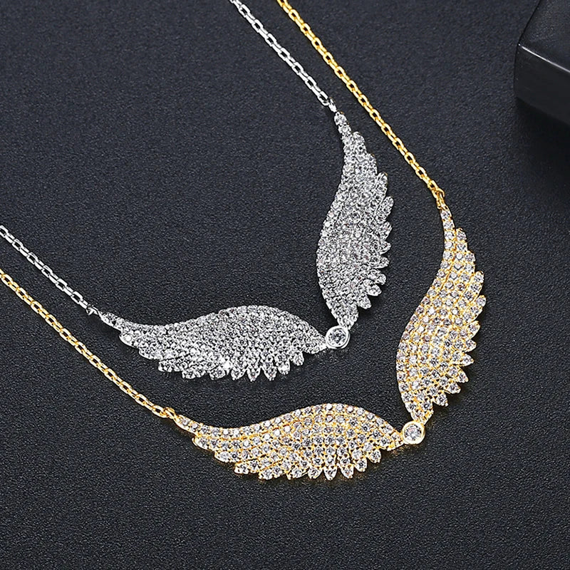 collier femme ailes d'ange cuivre argenté doré zircons cubiques