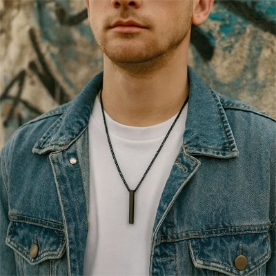 collier homme acier inoxydable anthracite chaine + pendentif rectangle vertical design intemporel