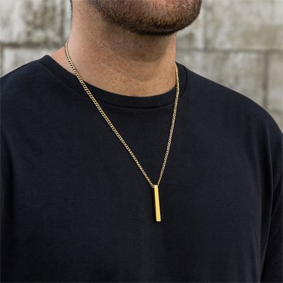 collier homme acier inoxydable doré chaine + pendentif rectangle vertical design intemporel