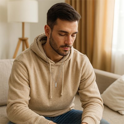 collier homme acier inoxydable argenté chaine + pendentif rectangle vertical design intemporel