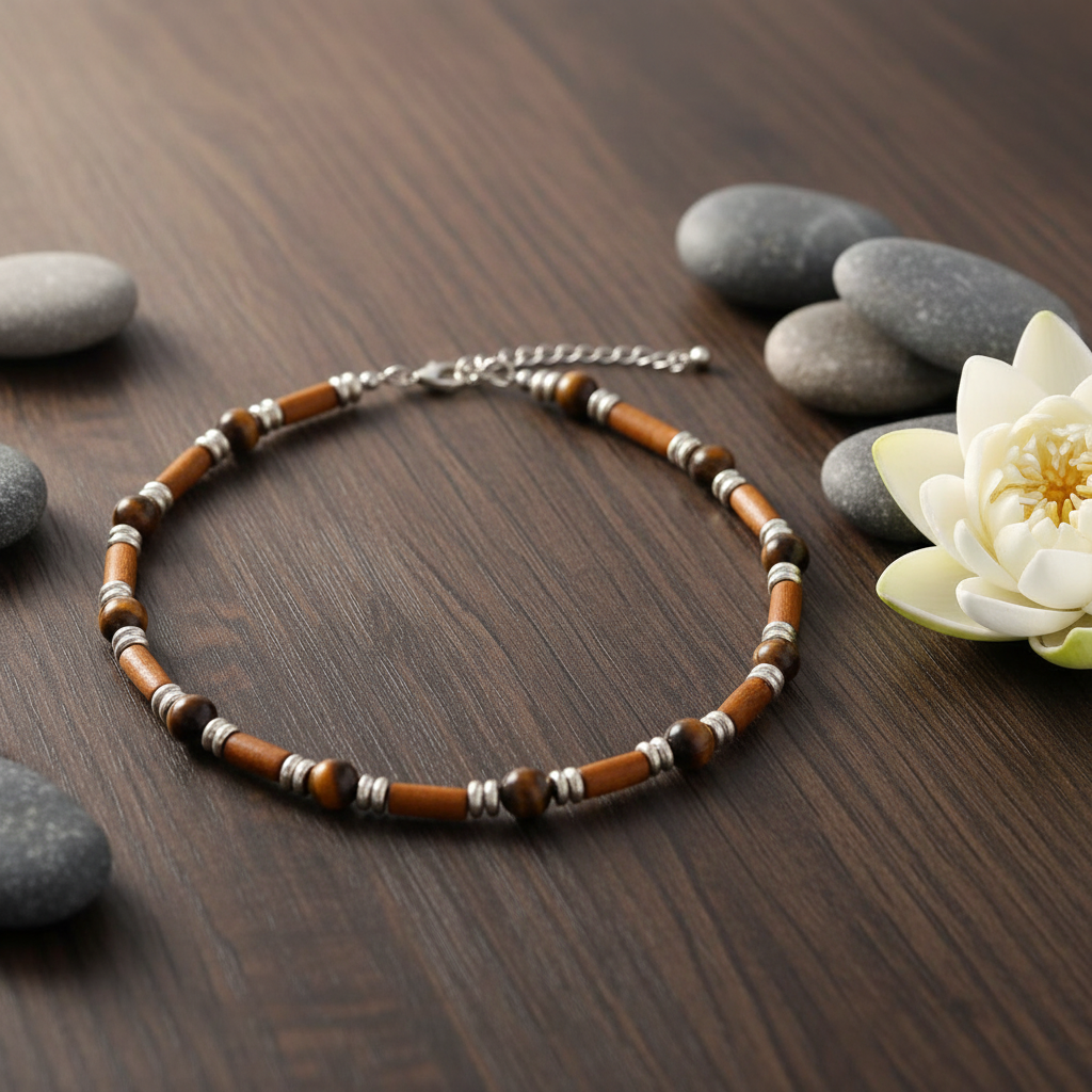 Collier homme oeil de tigre fond naturel fleur de lotus ambiance zen