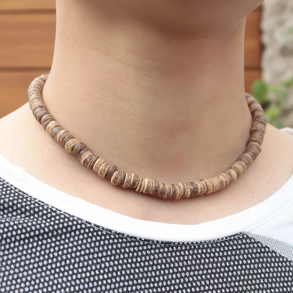 Collier homme perle bois porté arrière plan nature