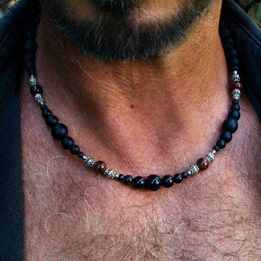 collier homme perle pierres naturelles  énergétiques oeil de tigre vertus protectrice  onyx pierre de lave pierre d'ancrage alliage de zinc 