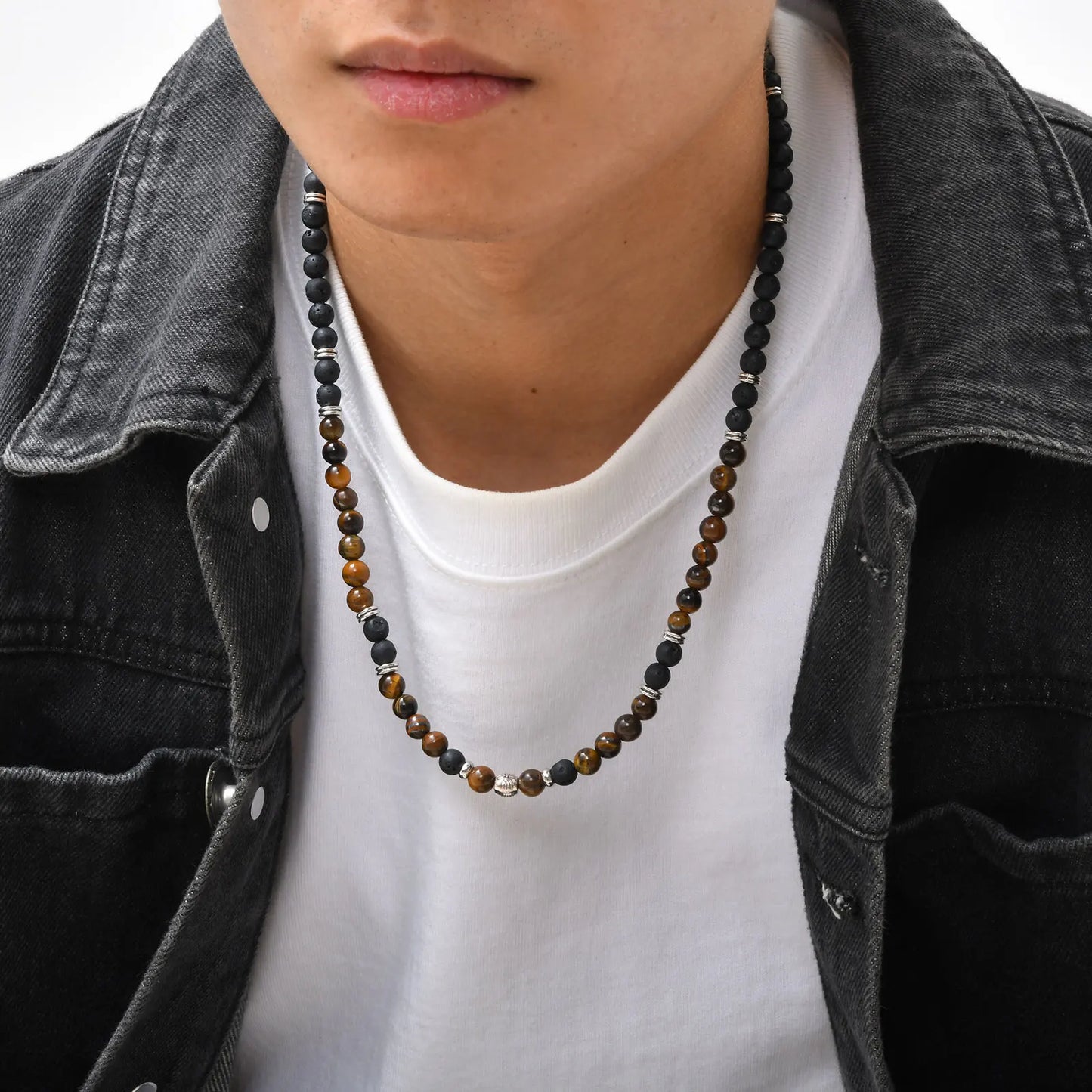 collier homme perle oeil de tigre pierre de lave