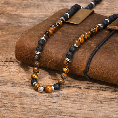 collier homme perle oeil de tigre pierre de lave