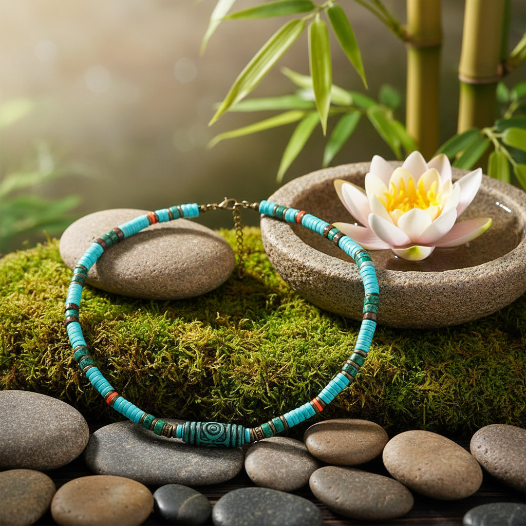 Collier homme perle turquoise espace zen ensoleillé 