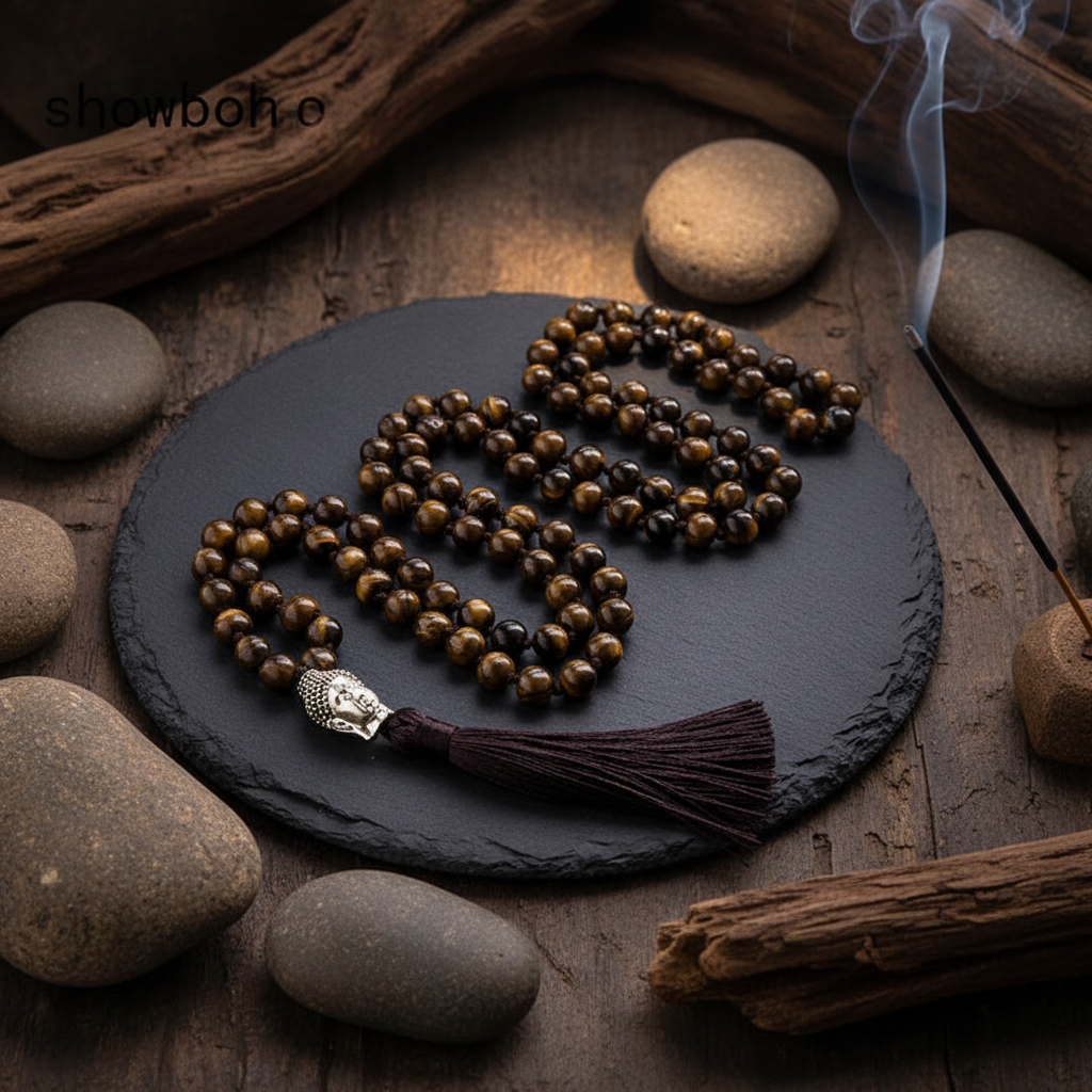 Collier homme pierre naturelle œil de tigre - mala 108 perles sur ardoise zen avec galets et encens
