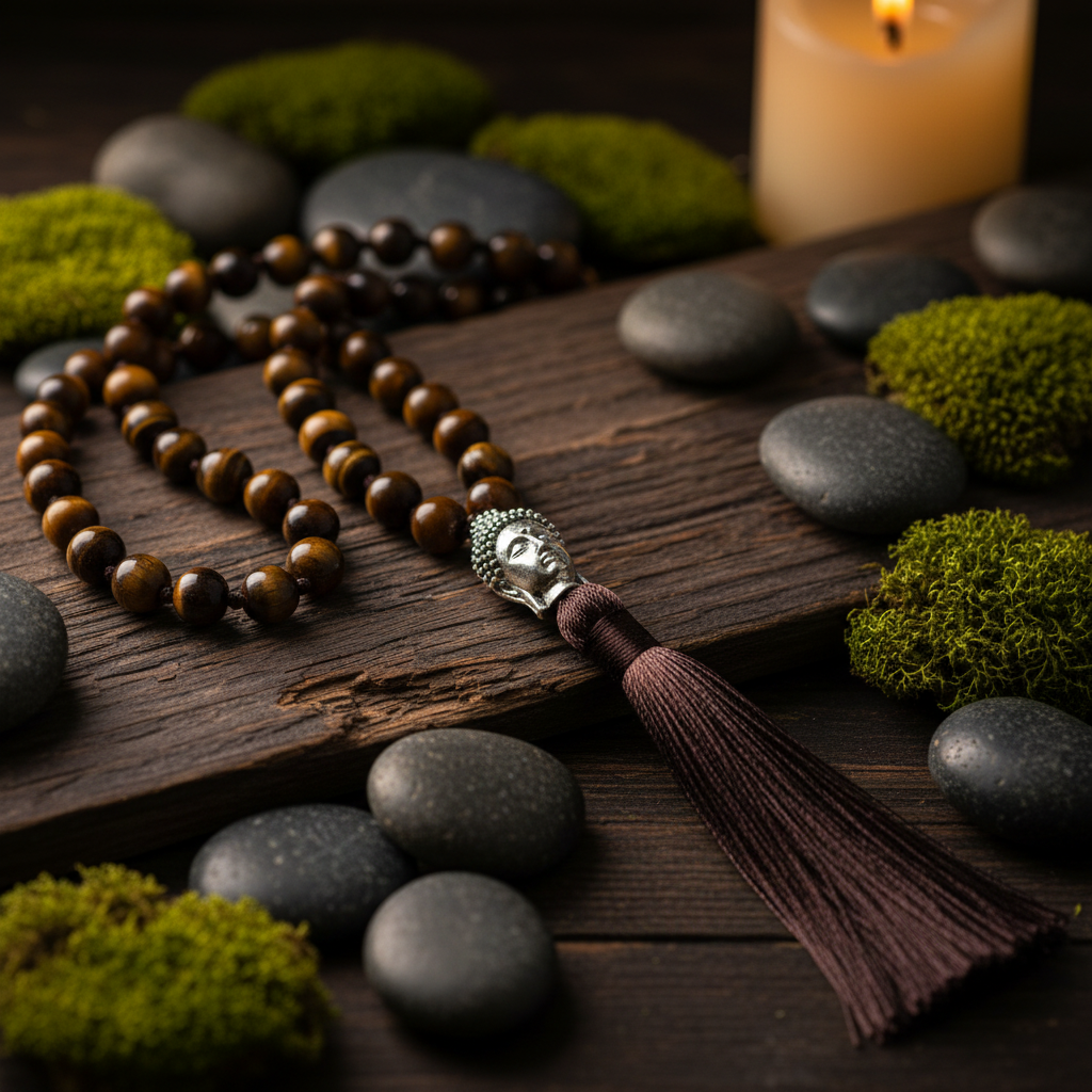 Collier homme pierre naturelle œil de tigre sur bois naturel avec galets et mousse
