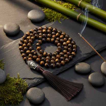 Collier homme pierre naturelle mala 108 perles œil de tigre enroulé sur ardoise zen